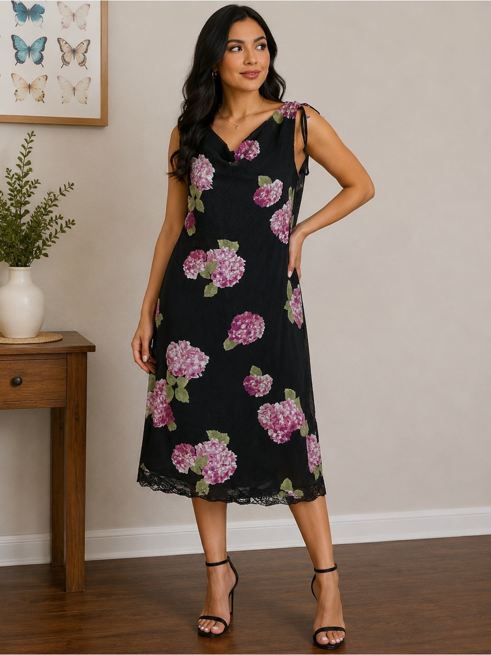 Ultra Dress NY Black Floral Midi Dress Size 12 Lace Hem Overlay